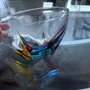 Murano Glass Art Bowl with Red, Yellow, and Blue Accents